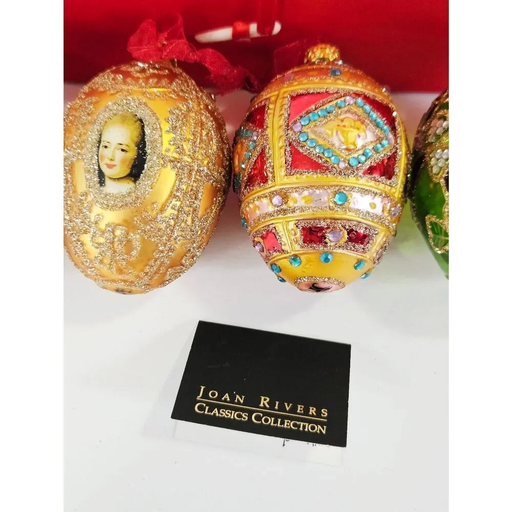 Vintage Joan Rivers Colorful Russian Faberge Style Blown Glass Egg Ornament Set